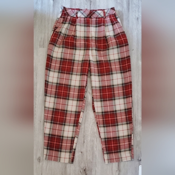 H&M Red & White Plaid High Rise Pleated Front Tweed Trousers Pants Size 4 - Picture 1 of 10